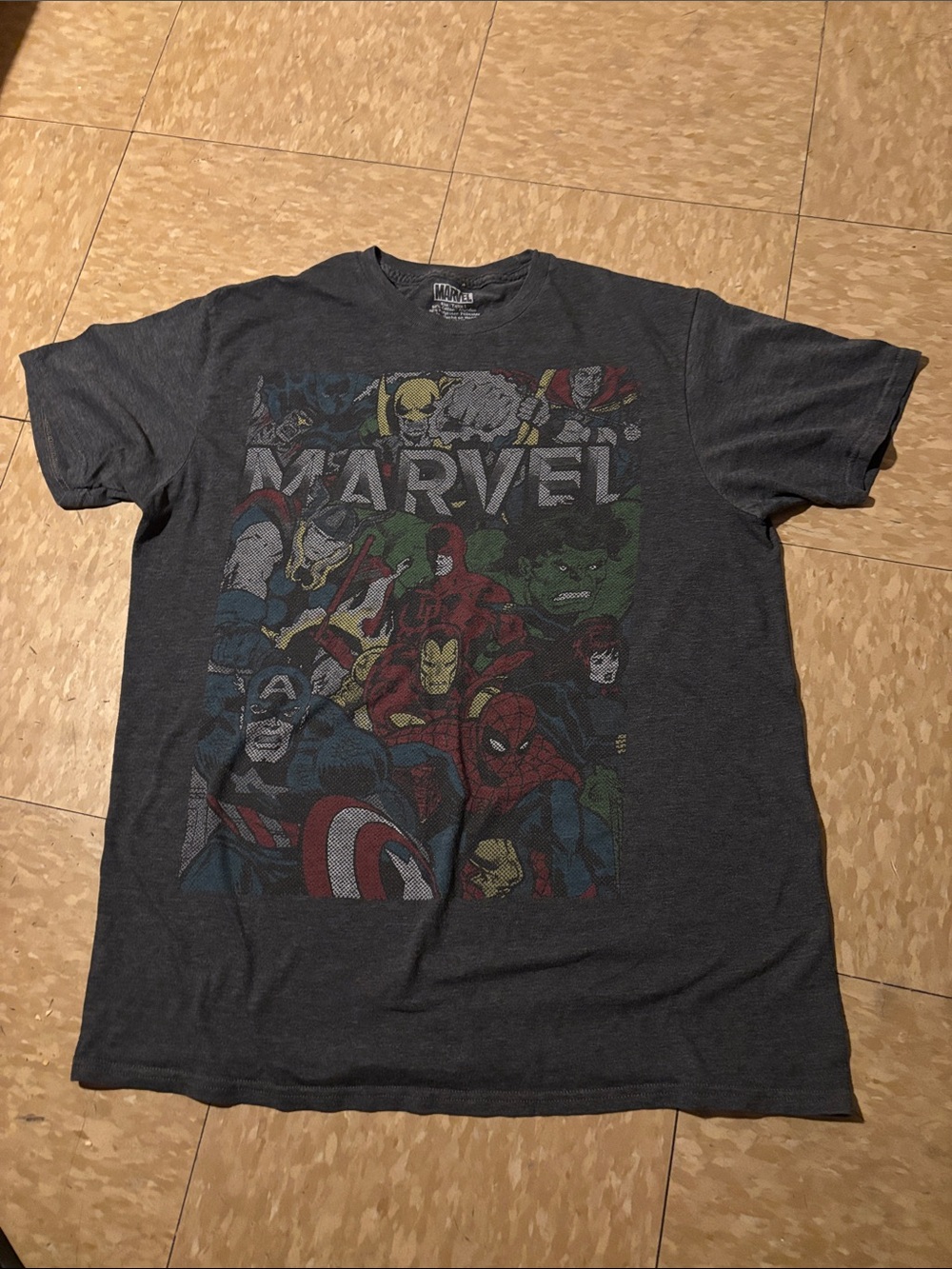 Marvel Men's Short-Sleeve Tee in Charcoal with Multi-Color Superhero Graphic